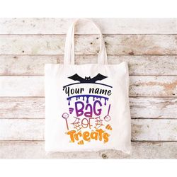 custom halloween tote bag for kids, treat or trick halloween bag, bag of treats, canvas tote bag,