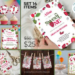 1st Birthday Party Berry, 1st Birthday Party Berry Printable, First Birthday Strawberry Corjl Editable Instant download