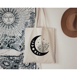 floral moon tote bag, floral tote bag, moon tote bag, moon lover bag, boho tote bag, shopping bag