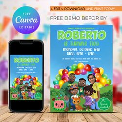 cocomelon birthday invitation, cocomelon party, cocomelon birthday party invitation canva editable