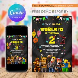 roblox birthday invitation, roblox party, roblox birthday party invitation canva editable