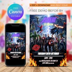 avenger birthday invitation, super hero party, avenger birthday party invitation canva editable