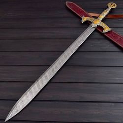 TEMPLAR KNIGHT SWORD, Medieval Sword, Master Sword, Leather Sheath Sword, Aesthetic Damascus Steel Ceremonial Long Real
