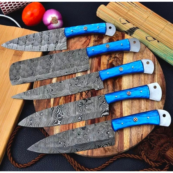Custom Handmade Damascus Steel Chef Knives 5 Pc Set, BBQ Knife Bundle, Kitchen Cutlery Gift Set, Housewarming Gift, Kitc