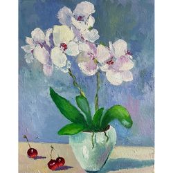 White Orchid Painting, Flower Wall Art, Original Oil Painting, Valentine's Day Painting, Floral Decjration