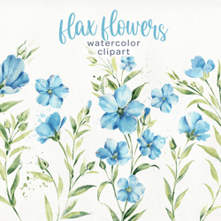Watercolor wildflower clipart, Spring clipart, Blue flax flowers,  wedding frames clipart.