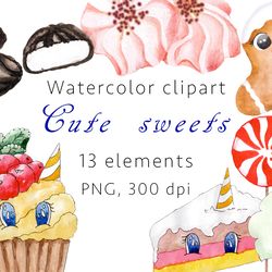 cute sweets watercolor clipart, png