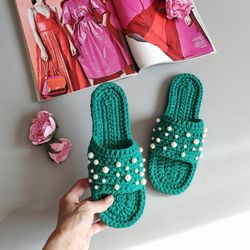 Crochet Beaded slippers emerald green Handmade slippers Indoor slippers womens
