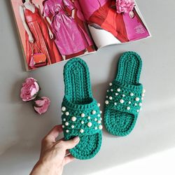 crochet beaded slippers emerald green handmade slippers indoor slippers womens