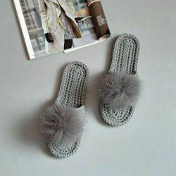 Home slippers with pompon Shoes for women Gray slippers with open toe