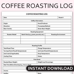 Printable Coffee Roasting Log, Home Coffee Roaster Tracker, Coffee Bean Roasting Journal, Editable Template