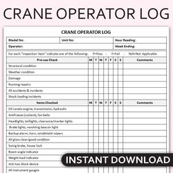 Printable Crane Operator Log, Crane Maintenance Record, Crane Inspection Checklist Log, Editable Template
