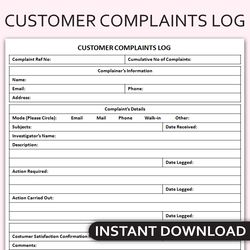 Printable Customer Complaints Log, Customer Service Tracker, Complaints Management Log, Editable Template
