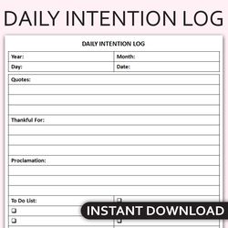 Printable Daily Intention Log, Mindfulness Planner, Goal Setting Journal, Personal Growth Tracker, Editable Template