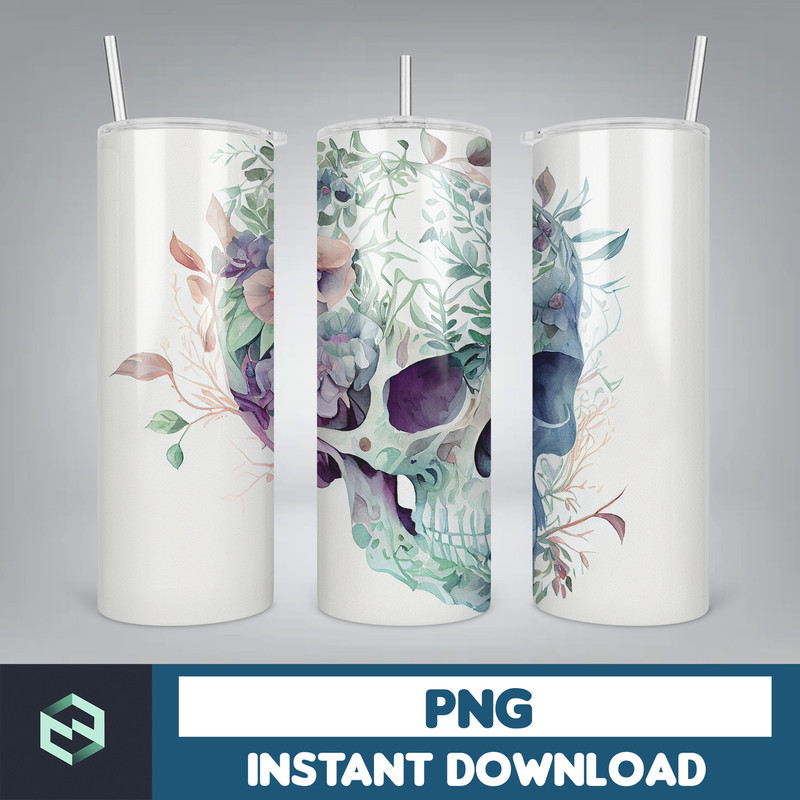 Skull 20 oz Skinny Tumbler Sublimation Design, Mystical Watercolor Skulls, Straight & Tapered Tumbler Wrap PNG, Digital Download (1).jpg
