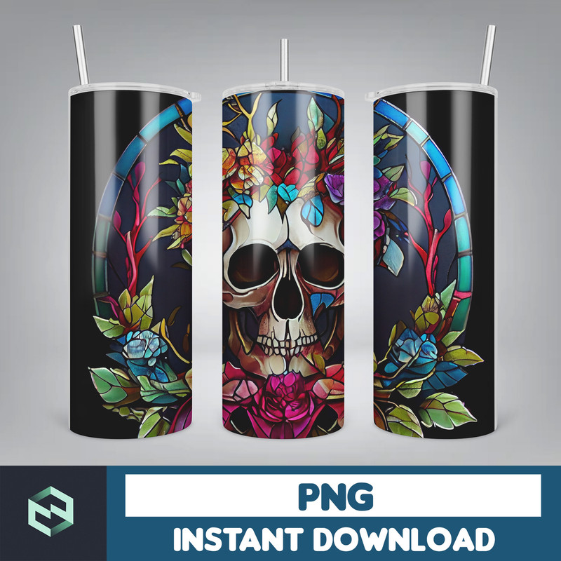 Skull 20 oz Skinny Tumbler Sublimation Design, Mystical Watercolor Skulls, Straight & Tapered Tumbler Wrap PNG, Digital Download (14).jpg