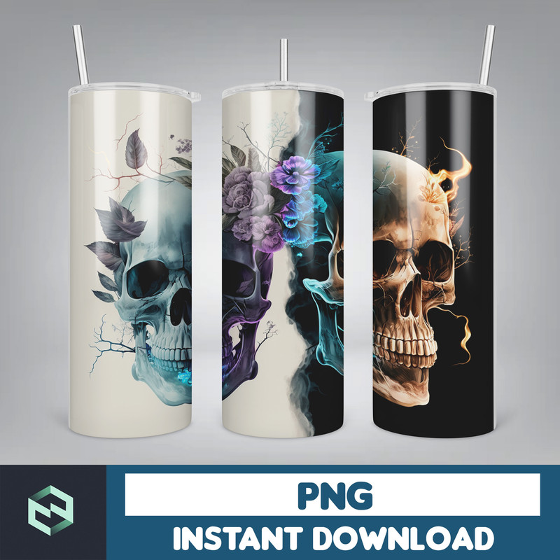 Skull 20 oz Skinny Tumbler Sublimation Design, Mystical Watercolor Skulls, Straight & Tapered Tumbler Wrap PNG, Digital Download (2).jpg