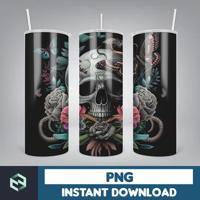 Skull 20 oz Skinny Tumbler Sublimation Design, Mystical Watercolor Skulls, Straight & Tapered Tumbler Wrap PNG, Digital Download (3).jpg