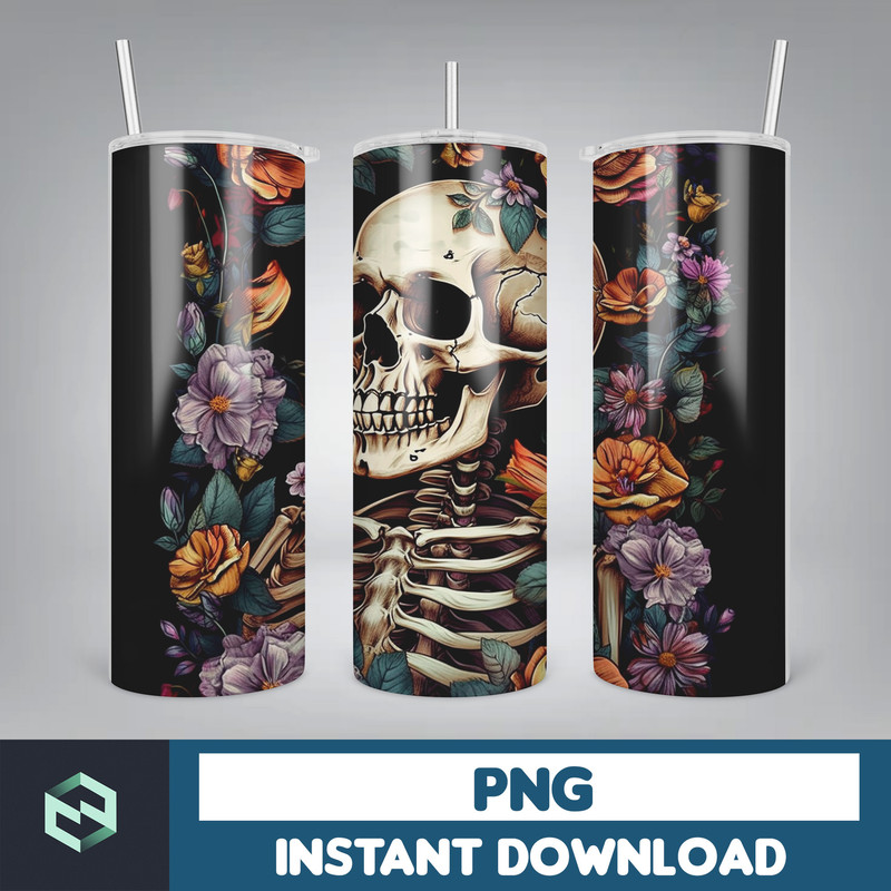 Skull 20 oz Skinny Tumbler Sublimation Design, Mystical Watercolor Skulls, Straight & Tapered Tumbler Wrap PNG, Digital Download (34).jpg