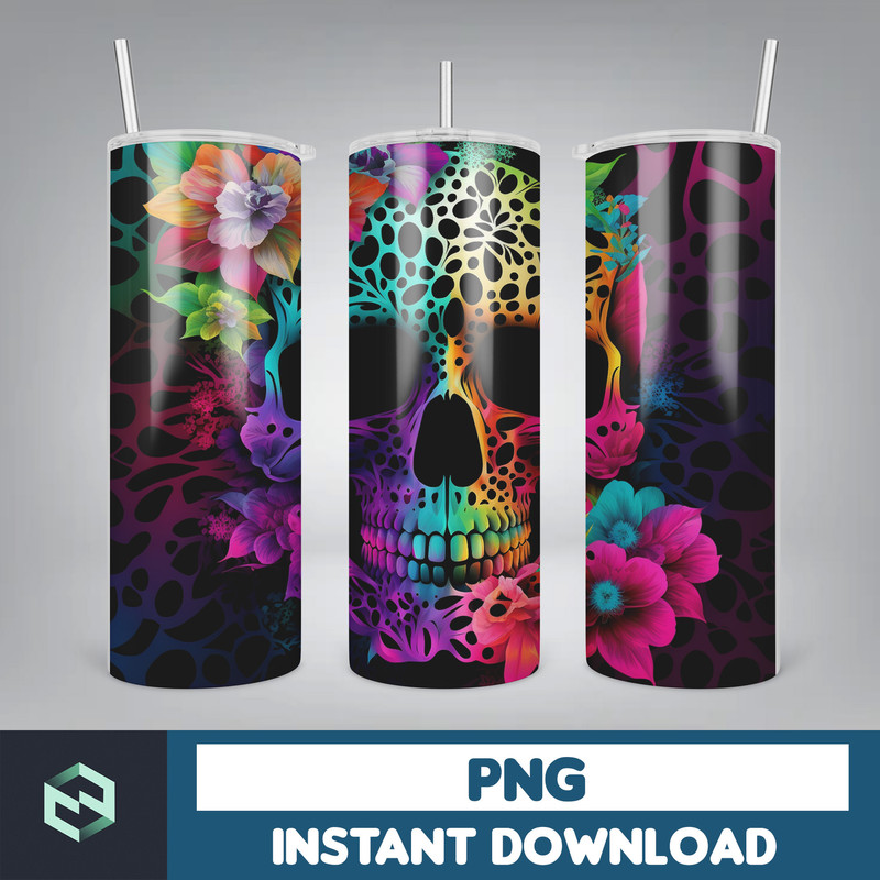 Skull 20 oz Skinny Tumbler Sublimation Design, Mystical Watercolor Skulls, Straight & Tapered Tumbler Wrap PNG, Digital Download (35).jpg