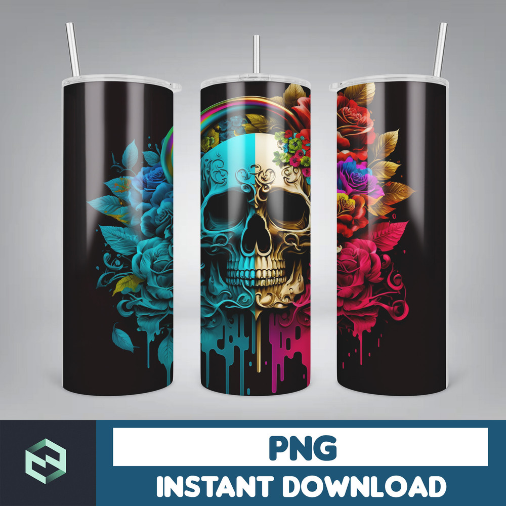Skull 20 oz Skinny Tumbler Sublimation Design, Mystical Watercolor Skulls, Straight & Tapered Tumbler Wrap PNG, Digital Download (36).jpg