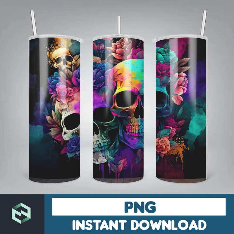 Skull 20 oz Skinny Tumbler Sublimation Design, Mystical Watercolor Skulls, Straight & Tapered Tumbler Wrap PNG, Digital Download (4).jpg