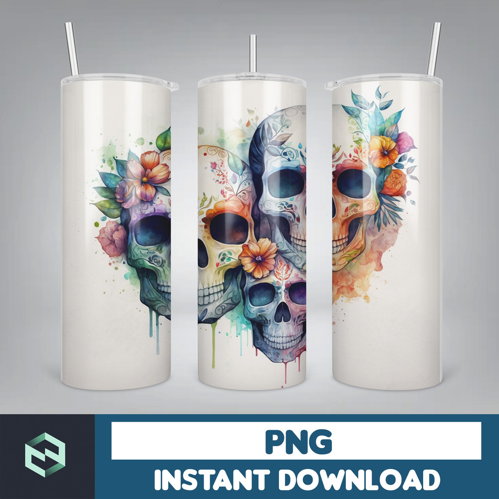 Skull 20 oz Skinny Tumbler Sublimation Design, Mystical Watercolor Skulls, Straight & Tapered Tumbler Wrap PNG, Digital Download (47).jpg
