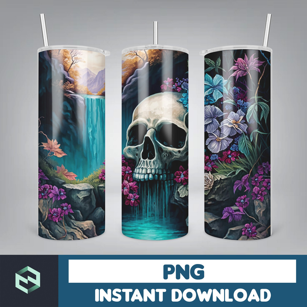 Skull 20 oz Skinny Tumbler Sublimation Design, Mystical Watercolor Skulls, Straight & Tapered Tumbler Wrap PNG, Digital Download (5).jpg