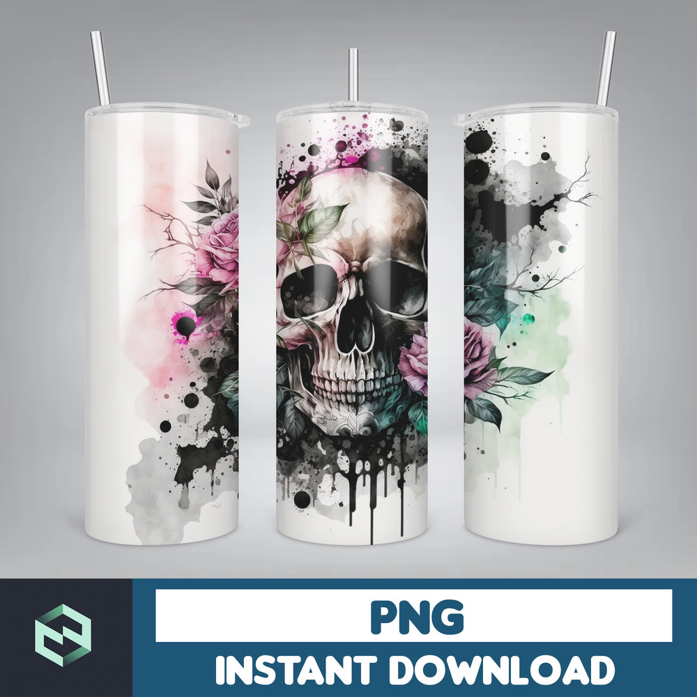 Skull 20 oz Skinny Tumbler Sublimation Design, Mystical Watercolor Skulls, Straight & Tapered Tumbler Wrap PNG, Digital Download (57).jpg