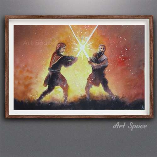 Original watercolor painting, Obi-Wan and Anakin, Star Wars, movie, playroom, office decoration, original gift, original