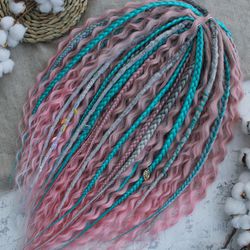Pink/White/Turquoise Mix Crochet Natural Look Synthetic Dreadlock Braid Hair Extensions Boho Dreads Double Ended DE