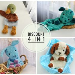 Set of 4 PATTERNS: Puppy Lovey, Duck Lovey, Rabbit Lovey, Dragon Lovey, Crochet Pattern, Amigurumi Comforter Cuddle Toy