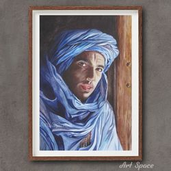original watercolor painting oriental man,decoration for office,wall decor,face- man-gaze-beautiful eyes-portrait