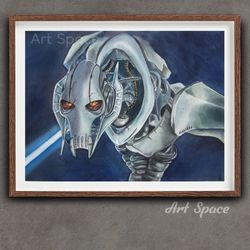 original watercolor painting, grievous, general, alien, star, gift, home wall decor office, movie, playroom, portrait