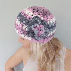 Slouchy Beret Hat for Women Crochet Beanie Hat with Flower Fisherman Summer Hats Women
