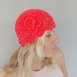 crochet beanie hat with flower cotton summer hats women hot pink fisherman beanie