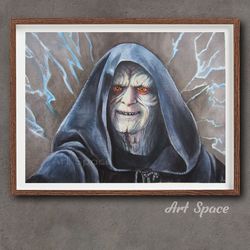 original watercolor painting, sheev palpatine, darth sidious, wall decor, star wars, movie