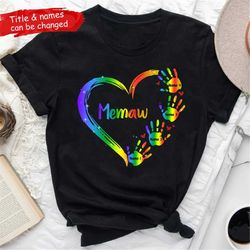 Personalized Grandchildren Grandma Mom Shirt, Grandma Heart Handprint Customize Shirt, Custom Kids Name Shirt, Mother's