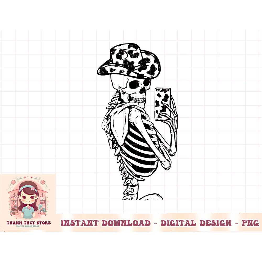 Funny Skeleton Cowgirl Selfie Cow Print Cowboy Hat Western T-Shirt copy.jpg