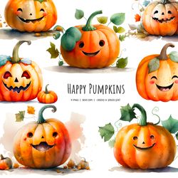 Watercolor Halloween pumpkin clipart. 11 PNG pumpkin with face. Smiling pumpkin Halloween illustration