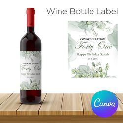 eucalyptus leaves wine label template, party wine bottle label, birthday wine bottle label printable instant download
