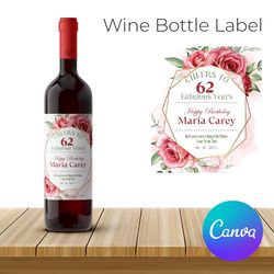 rose wine label template, party wine bottle label, birthday wine bottle label printable instant download