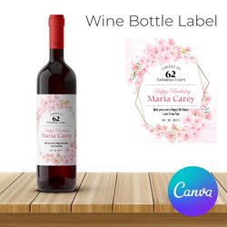 editable cherry blossom wine label, party wine bottle label, birthday wine bottle label printable instant download