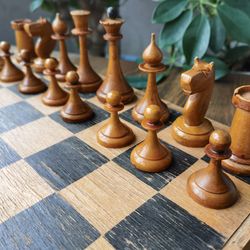 Vintage wooden chess set USSR 1960s vintage wood board 37x37cm