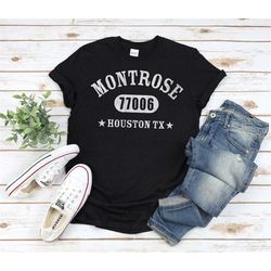 montrose shirt, unisex in black / navy / dark heather houston tx 77006 classic athletic design, montrose houston texas