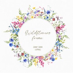 Watercolor wildflowers meadow round frame, Floral circle border, Botanical wreath PNG