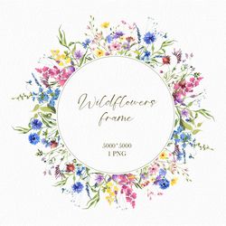 watercolor wildflowers meadow round frame, floral circle border, botanical wreath png