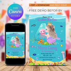 mermaid birthday invitation, under the sea birthday invitation, mermaid 4th invitation canva editable
