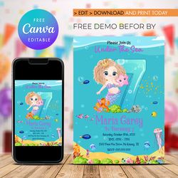 mermaid birthday invitation, under the sea birthday invitation, mermaid 7th invitation canva editable