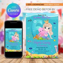 mermaid birthday invitation, under the sea birthday invitation, mermaid 6th invitation canva editable